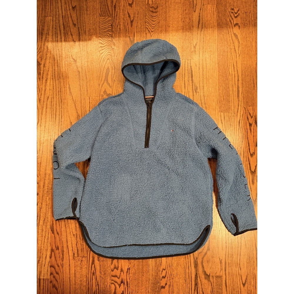 Tommy Hilfiger Fluffy‎ Hooded Sherpa Fleece 1/4 Zip Jacket Pullover Large Blue